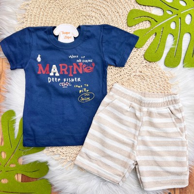 Conj. Camiseta Marine Deep Fisher e Bermuda Listrada em Linho - Marinho e Areia